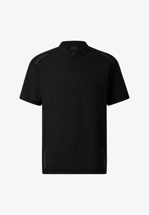 Schwarzes Sportshirt mit kurzen Ärmeln, durchgehendem Viertel-Reißverschluss vorne und dezenten reflektierenden Details an Schultern und Seiten.