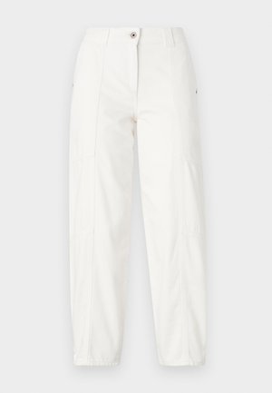 White cargo pants with a straight leg design, featuring side pockets, a button closure, and visible stitching details. Smooth, durable fabric.