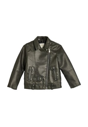 Børns mørkegrønne læderjakke med krave, lynlåslukning foran, to sidelommer med lynlås og en knaplukket frontlomme. Glat tekstur, skræddersyet pasform.