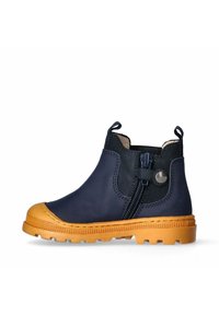 Stivaletto blu navy per bambini con suola in gomma arancione, zip laterale, cintura con bottone e linguette di trazione davanti e dietro.