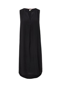 Schwarzes ärmelloses Kleid mit V-Ausschnitt, gefalteten Schultern und leicht geschwungenem Saum. Hergestellt aus leichtem Stoff, bietet es eine lockere Passform.