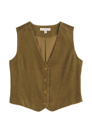 Gilet en velours côtelé vert olive avec un col en V, cinq boutons en bois et une doublure intérieure. Il présente un ourlet légèrement évasé et un design sans manches.