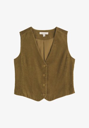 Gilet en velours côtelé vert olive avec un col en V, cinq boutons en bois et une doublure intérieure. Il présente un ourlet légèrement évasé et un design sans manches.