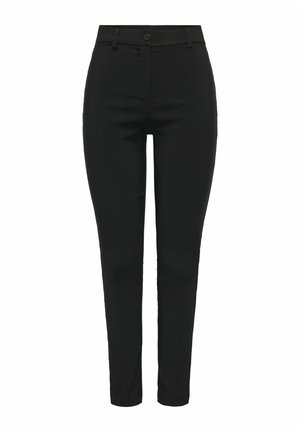 Črne hlače ozkega kroja iz tkanine, z zapiranjem na gumbe, zankami za pas in navpičnimi šivi vzdolž nog.