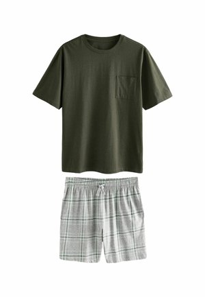 Olive green cotton T-shirt with short sleeves and a chest pocket, paired with gray plaid shorts featuring an elastic waistband and drawstring.