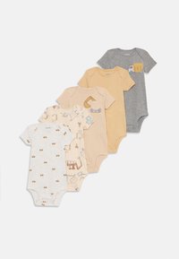 Vijf korte mouw bodysuits van katoen. Kleuren zijn grijs, beige, crème en geel met patronen van dieren en voertuigen.