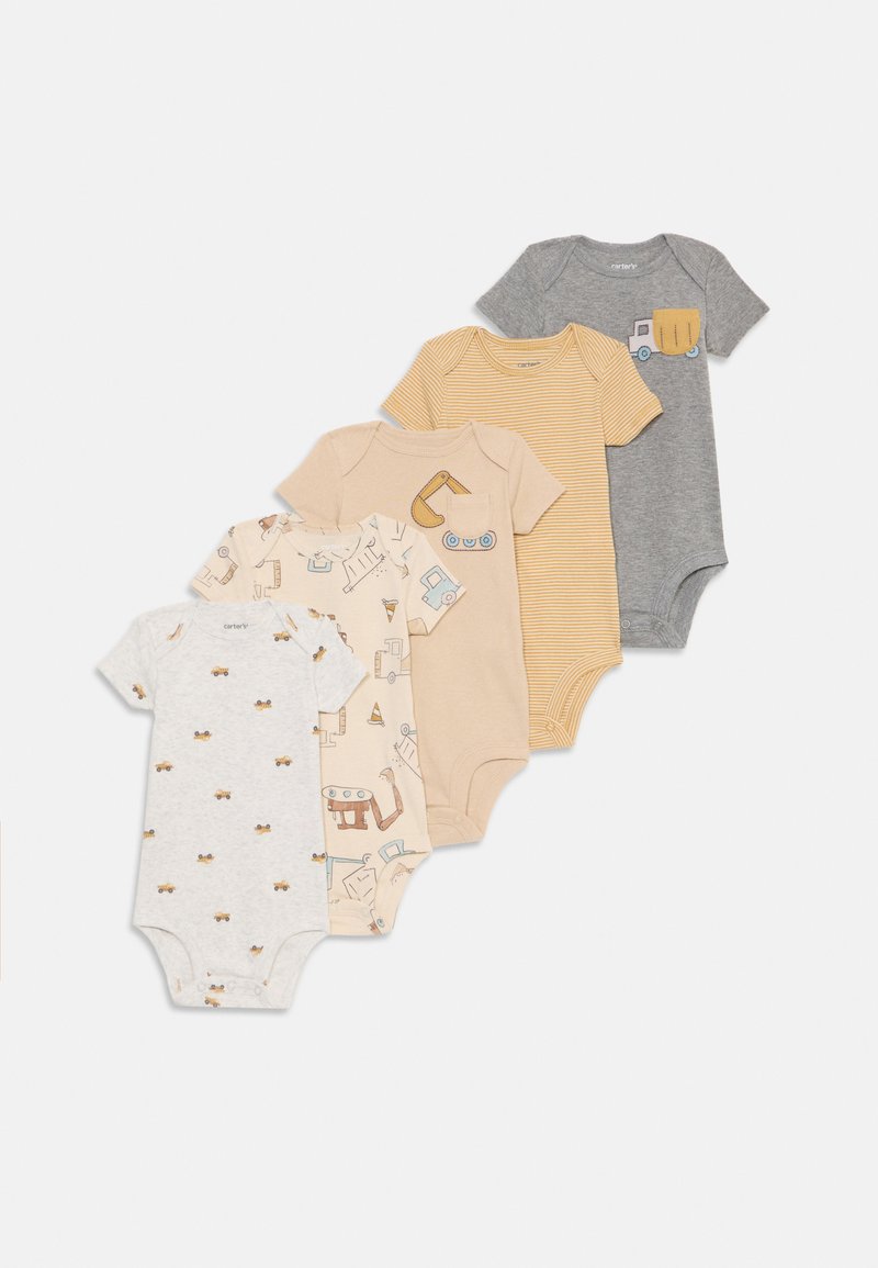 Vijf korte mouw bodysuits van katoen. Kleuren zijn grijs, beige, crème en geel met patronen van dieren en voertuigen.
