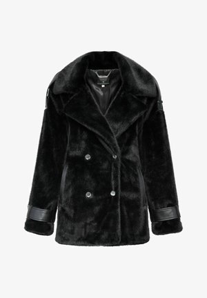 Czarny płaszcz z sztucznego futra z podwójnym zapięciem, dużym kołnierzem, skórzanymi akcentami i detalami guzików. Miękka tekstura i duże rękawy.