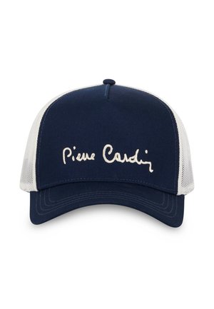 Casquette bleu marine avec côtés en maille blanche, ornée de la signature brodée "Pierre Cardin" en fil blanc. Visière incurvée et design structuré.