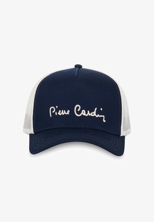Casquette bleu marine avec côtés en maille blanche, ornée de la signature brodée "Pierre Cardin" en fil blanc. Visière incurvée et design structuré.