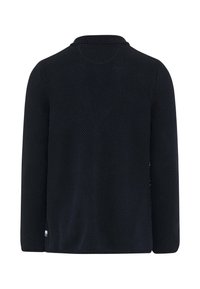 Zwarte gebreide trui met lange mouwen, voorzien van een gestructureerd patroon en een klein stoffen label vlakbij de zoom, op een effen witte achtergrond.