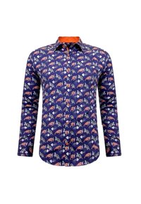 Langärmlig shirt met een marineblauwe achtergrond, voorzien van een kleurrijk patroon van kreeften en schelpen. Oranje accent op de kraag en knopen.