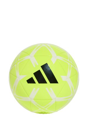 Pallone da calcio giallo brillante con motivi geometrici bianchi e logo Adidas nero centrale su sfondo bianco.