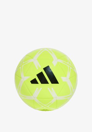 Pallone da calcio giallo brillante con motivi geometrici bianchi e logo Adidas nero centrale su sfondo bianco.