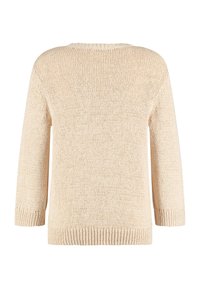 Beige gestrickter Pullover mit lockerer Passform, Dreiviertelärmeln und geripptem Saum. Die Textur ist mit einem weichen, atmungsaktiven Finish strukturiert.