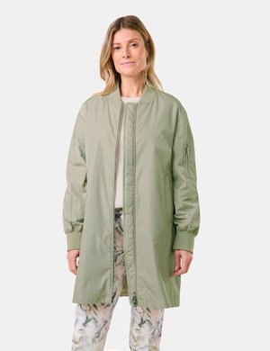 Hellgrüne Bomberjacke mit Reißverschluss vorne, gerippten Bündchen und einer Seitentasche. Glattes, glänzendes Material mit lässiger Passform.