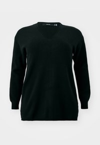 Czarny sweter w serek wykonany z miękkiej dzianiny. Ma długie rękawy i luźny krój, a także ściągacze przy mankietach i u dołu.