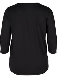 Schwarzes Langarmoberteil mit Rundhalsausschnitt und abgerundetem Saum. Aus glattem, dehnbarem Stoff gefertigt. Einfaches Design, keine Muster oder Akzente.
