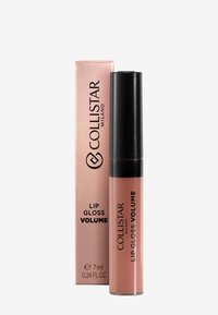 Gloss à lèvres Volume Collistar dans un tube translucide avec un capuchon noir. La boîte est rose avec un texte noir. Contient 7 ml de produit.