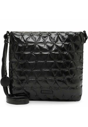 Schwarze Leder-Crossbody-Tasche mit einem gesteppten Design, abgerundeten Akzenten und einem stilvollen Trageriemen. Enthält ein kreisförmiges Hardwaredetail.