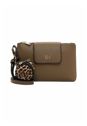 Brown textured leather crossbody bag with a flap closure, featuring a detachable leopard print coin pouch and gold hardware accents.