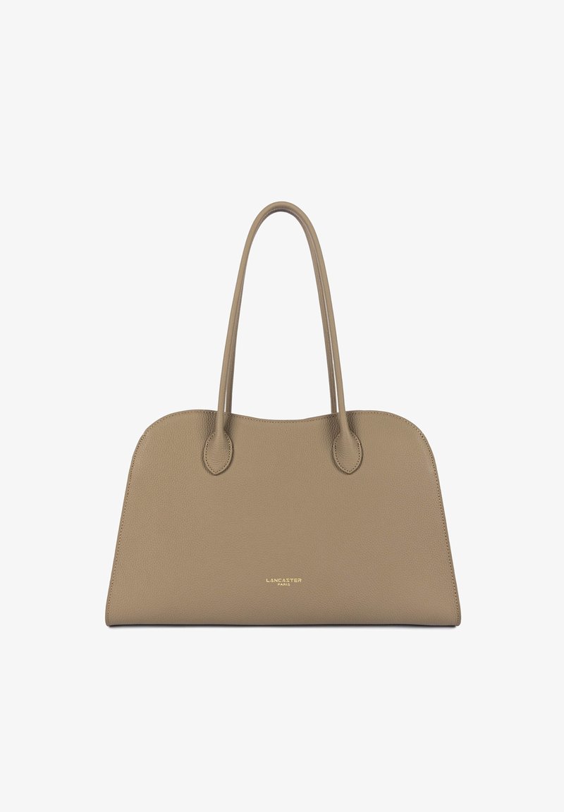Sac à main en cuir taupe avec double poignées et logo "Lancaster Paris" doré subtil centré près du bas.