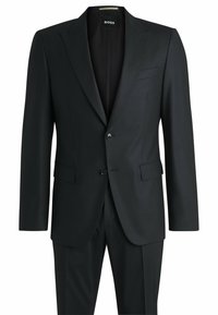 Completo nero su misura con una trama liscia, design a un petto, rever a scollo a V e due tasche anteriori. Dotato di una chiusura a due bottoni.