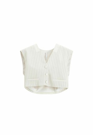 Gilet bianco corto senza maniche con sottili sottili righe verticali nere, tre bottoni frontali e due tasche frontali orizzontali.