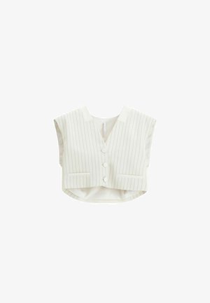 Gilet bianco corto senza maniche con sottili sottili righe verticali nere, tre bottoni frontali e due tasche frontali orizzontali.