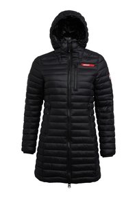 Giubbotto imbottito nero con cappuccio. Caratterizzato da un design trapuntato orizzontale, tasche con zip e un logo rosso "JACKIT" sul petto.