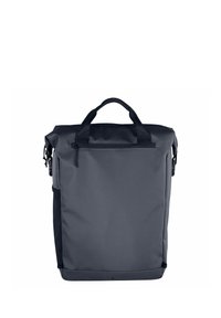 Zaino grigio realizzato in tessuto resistente, con forma rettangolare, manici superiori, tasca frontale con cerniera e dettagli laterali in rete.