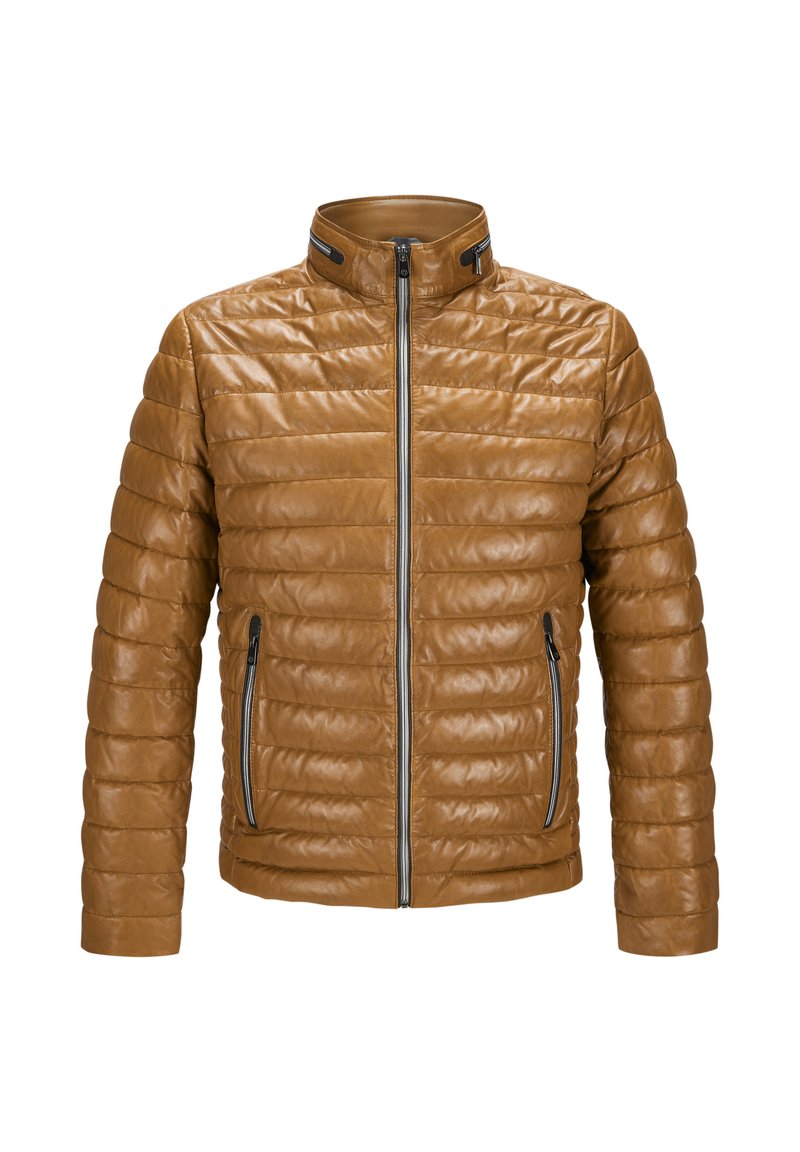 Braune Lederjacke mit einem gesteppten Design, hohem Kragen, Reißverschluss auf der Vorderseite und zwei seitlichen Reißverschlusstaschen. Hat eine glatte Textur und eine taillierte Passform.