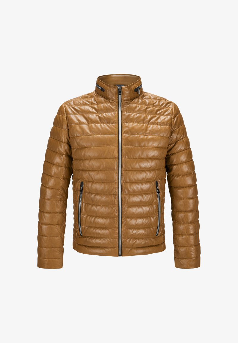 Braune Lederjacke mit einem gesteppten Design, hohem Kragen, Reißverschluss auf der Vorderseite und zwei seitlichen Reißverschlusstaschen. Hat eine glatte Textur und eine taillierte Passform.