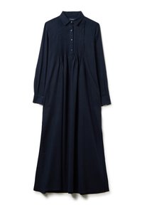 Vestito lungo a maniche lunghe di colore blu navy realizzato in tessuto morbido, con colletto, apertura con bottoni e pieghe verticali lungo il busto.