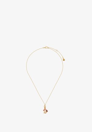 Gold necklace with a thin chain and a rabbit pendant, featuring detailed coloring and a small basket. Adjustable clasp with a charm.