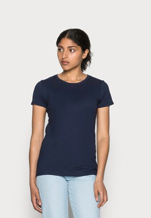 Marineblaue Kurzarm-T-Shirt aus glattem Baumwollstoff mit rundem Halsauschnitt, tailliertem Schnitt und ohne sichtbare Muster oder Akzente.