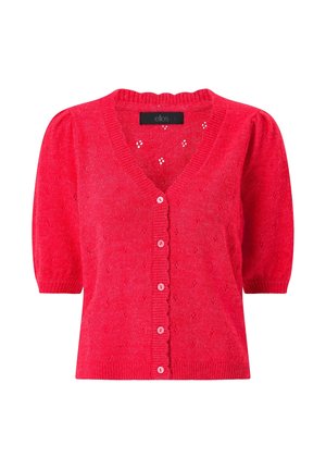 Rode gebreide korte mouw cardigan met geribbelde randen, knoopsluiting aan de voorkant, subtiel ajourpatroon en licht opgeblazen mouwen.
