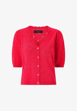 Rode gebreide korte mouw cardigan met geribbelde randen, knoopsluiting aan de voorkant, subtiel ajourpatroon en licht opgeblazen mouwen.