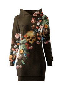Kapuzenkleid aus dunklem Stoff, das ein zentrales goldfarbenes Totenkopfdesign mit bunten Blumenmustern an den Seiten zeigt.
