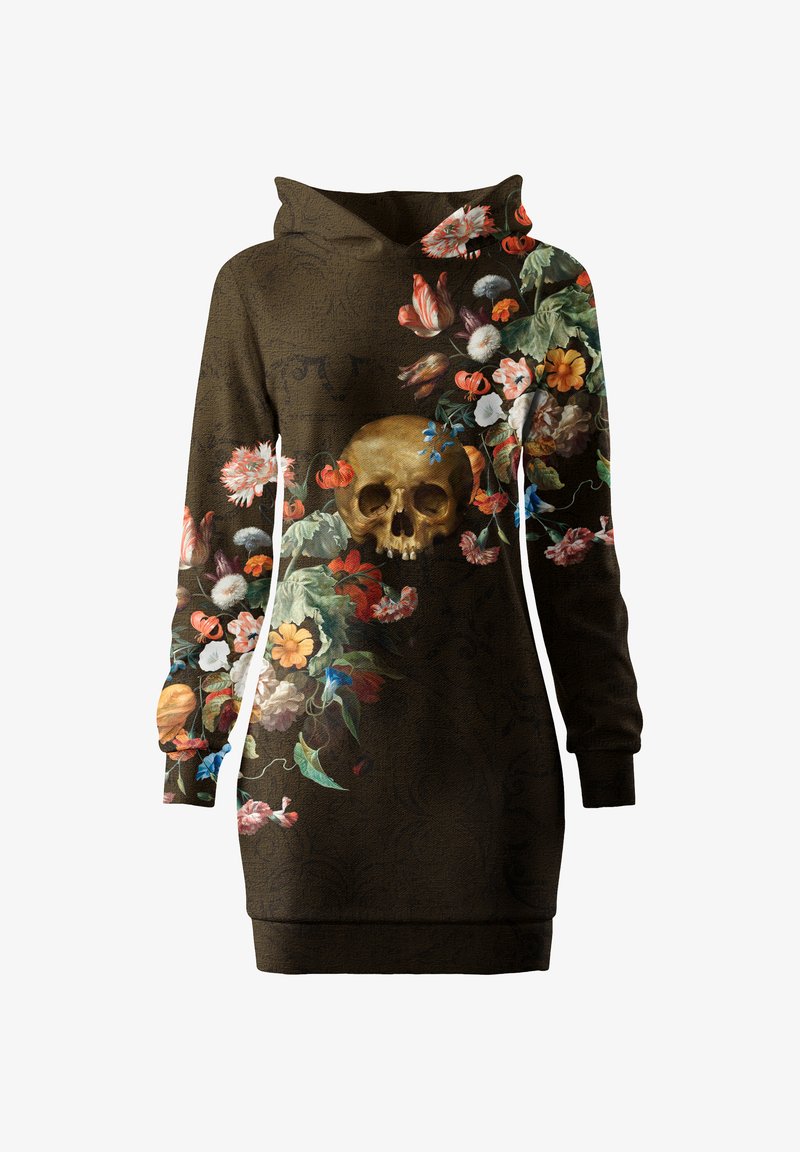Kapuzenkleid aus dunklem Stoff, das ein zentrales goldfarbenes Totenkopfdesign mit bunten Blumenmustern an den Seiten zeigt.