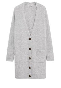 Hellgrauer Strickcardigan mit V-Ausschnitt, langen Ärmeln und Knopfverschluss. Verfügt über zwei aufgesetzte Taschen vorne und braune Knöpfe.