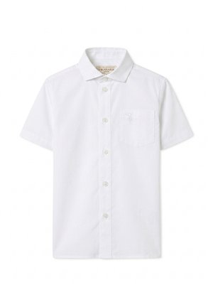 Biała koszula z krótkim rękawem na guziki, z kołnierzykiem i kieszenią na piersi, z subtelnym haftowanym logo na kieszeni.