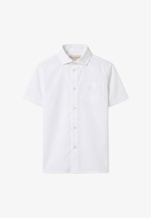 Chemise blanche à manches courtes, à boutons, avec un col et une poche poitrine, ornée d'un logo brodé discret sur la poche.