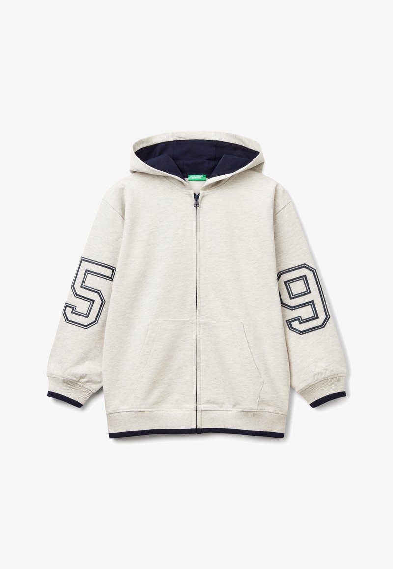 Light gray zip-up hoodie with a navy interior, featuring large navy numbers "5" and "9" on the sleeves, and front pockets.