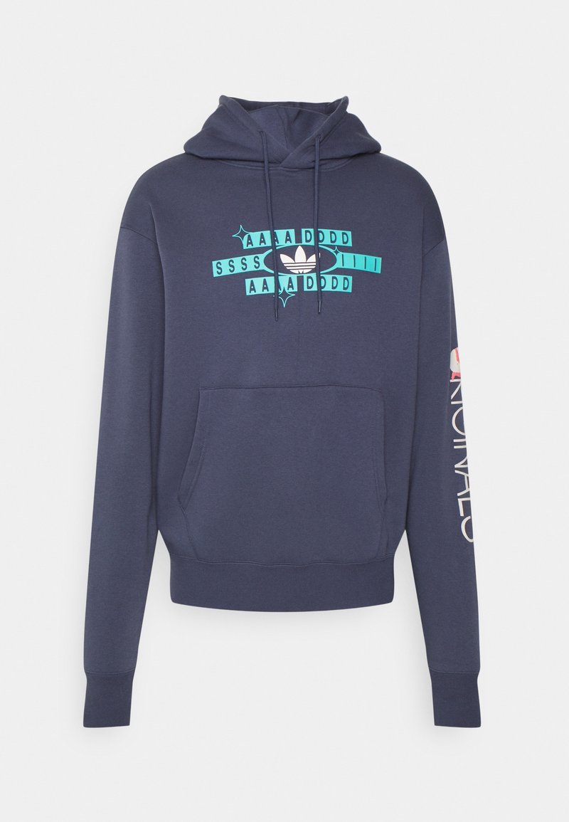 Marinblå bomulls-hoodie med framficka, med ett turkost grafiskt tryck med text och en Adidas-logotyp. Långa ärmar med vit text på höger sida.