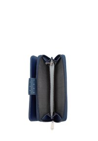 Navy leather wallet, interior features a zigzag pattern, zippered compartment, and an exterior with small studs. Closure with a flap.