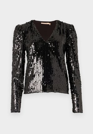 Top lung cu mâneci lungi, negru, cu paiete, având un decolteu în V și umeri bufanți, cu o suprafață netedă și texturată care reflectă lumina.