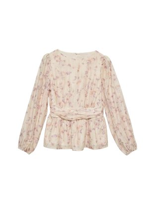 Blouse à manches longues de couleur beige clair avec un motif floral rose et violet, taille froncée et épaules légèrement bouffantes.