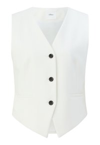 Gilet blanc sans manches avec un col en V, comportant quatre boutons noirs sur le devant et deux poches latérales pour un design épuré.