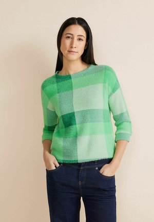 Maglione a quadri verdi con scollo rotondo e maniche a tre quarti, realizzato in un tessuto morbido e texturizzato. Abbinato a jeans blu scuro.